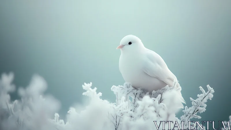White dove perched on frosty branch, soft winter pastel style.