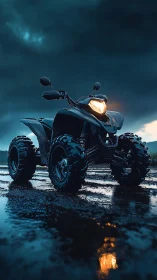 Storm-lit ATV prowls a rain-soaked mudscape at dusk.