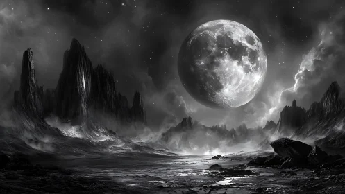 Moonswept basalt valley under swollen celestial lanterns.