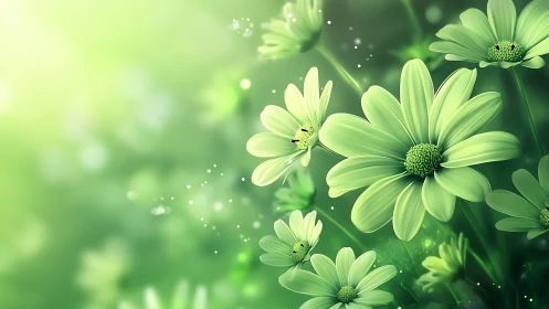 Enchanting Green Daisies Dancing in Magical Light.