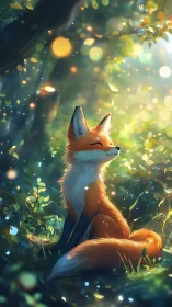 Digital illustration of fox in sunlit forest clearing.