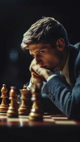 Intense young strategist contemplating next chess move.