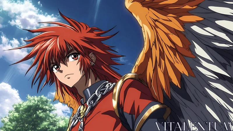 Winged anime warrior gazes skyward in crisp daylight scene