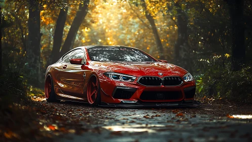 Red sports coupe glows under golden forest sunshine