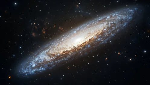 Edge-on spiral galaxy with bright core and blue star bands