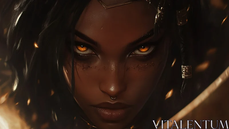 Intense fantasy portrait of woman with glowing amber eyes.
