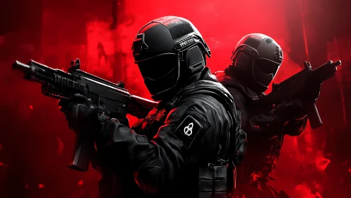 Heavily armed tactical soldiers in black against red light