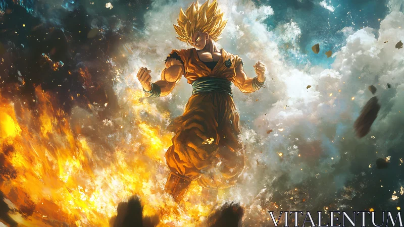 Explosive golden warrior ascending through storm clouds.