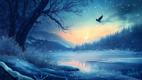 Winter river sunrise with a lone crow in tranquil flight.