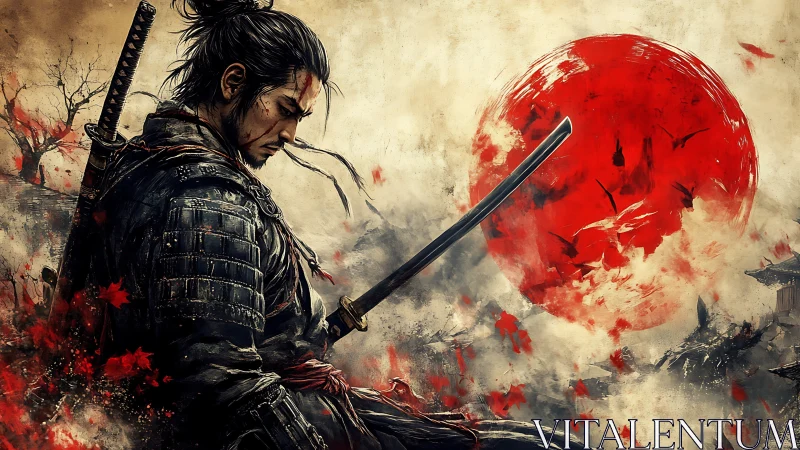 Digital painting of lone samurai before abstract red sun.