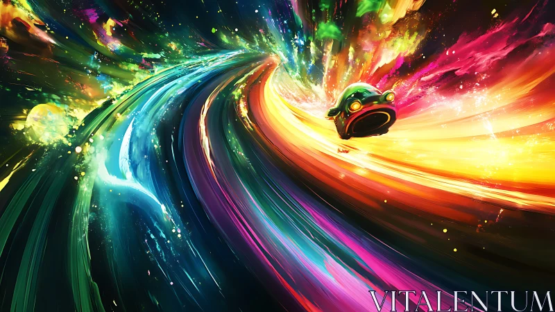 Cosmic racer curves through luminous multicolor nebula highway