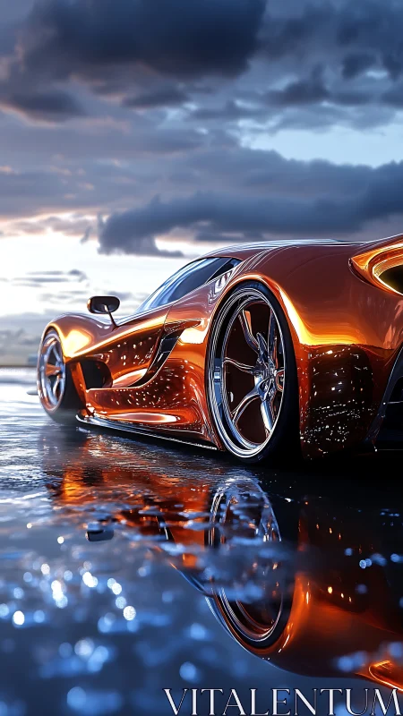 Low angle view of sleek orange sports car on wet surface.