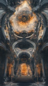 Grand luminous hall with ornate arches and fiery ceiling.