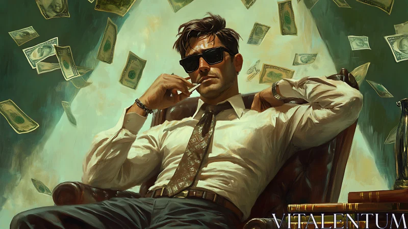 Confident businessman relaxing in chair as money falls down.