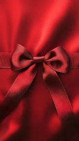 Elegant red satin ribbon bow rests on glowing festive fabric