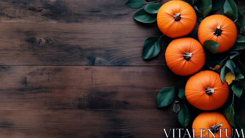 Five small pumpkins sit on dark wooden planks with leaves