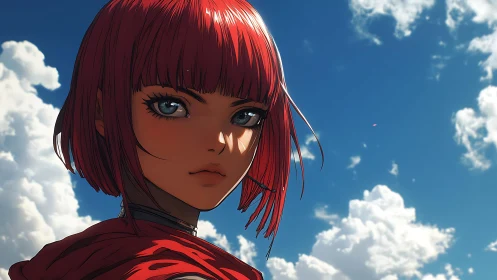 Red-haired anime subject under cumuliform sky, high contrast.