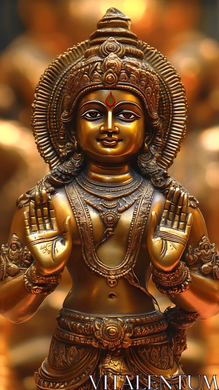 Golden deity statue welcomes viewers with calm, radiant grace