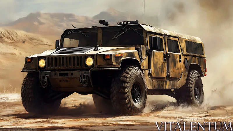 Armored desert utility vehicle in dynamic off‑road motion.