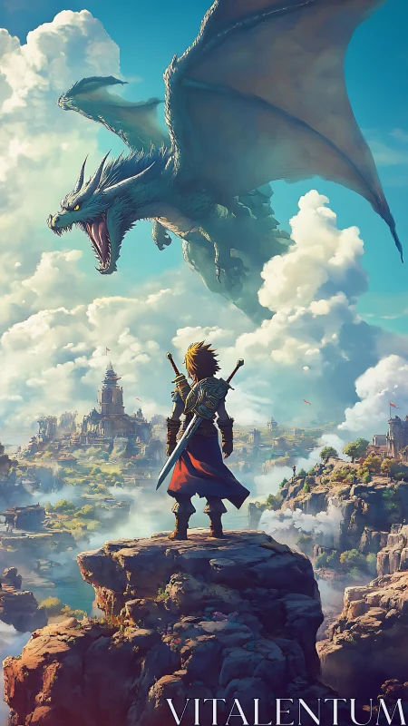 Armored swordsman confronts large flying dragon over valley