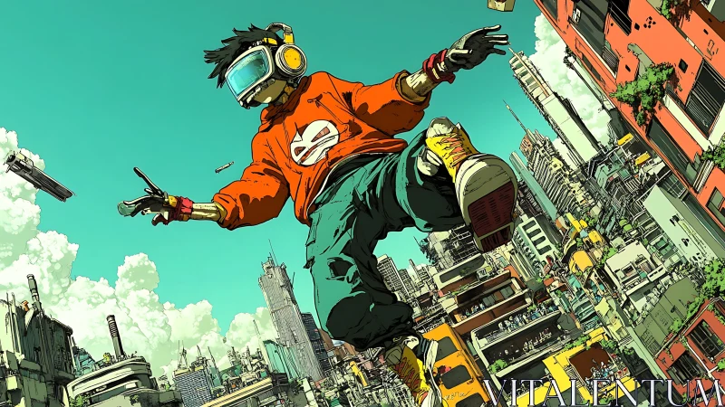 Cyberpunk rooftop runner vaults above dense neon cityscape