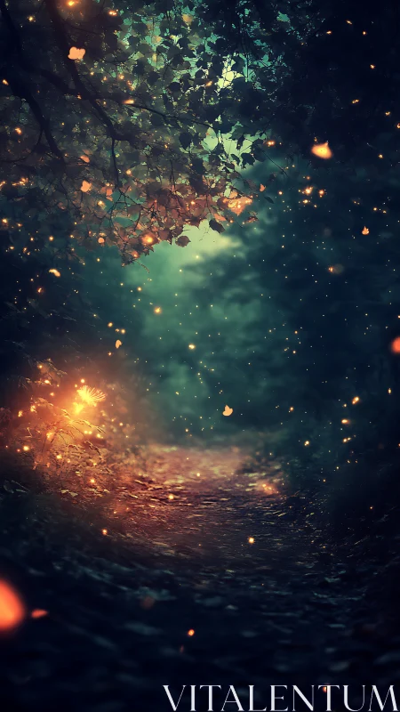 Mystical Forest Path Illuminated by Fireflies and Ethereal Light.
