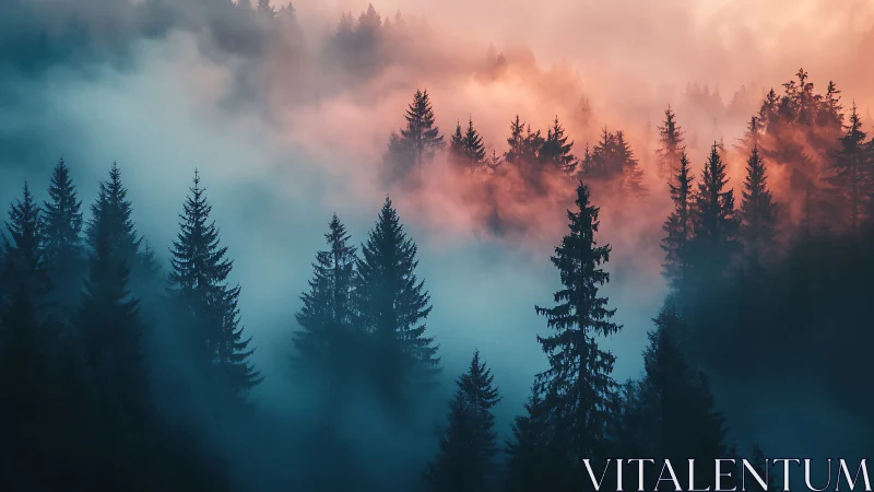 Misty Coniferous Forest Landscape with Golden Dawn Atmospheric Effects