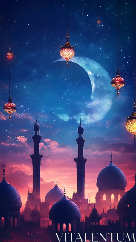 Moonlit minarets glow softly under a starry twilight sky