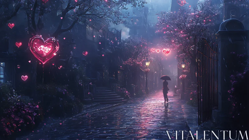 Neon Hearts in Rain: Cyberpunk Urban Romance Scene.