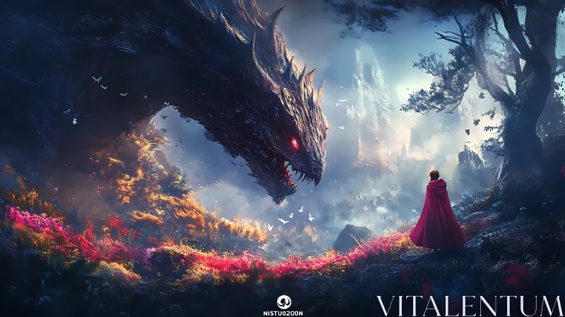 Colossal dragon confronts cloaked figure in luminous fantasy valley