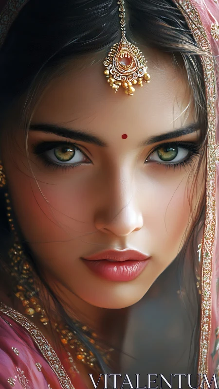 Digital portrait of woman in jeweled bridal veil closeup.