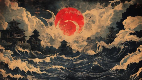 Storm-tossed pagoda coast beneath a searing crimson sun.
