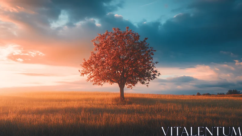 Lone Tree in Golden Field at Sunset, Dramatic Landscape Style.