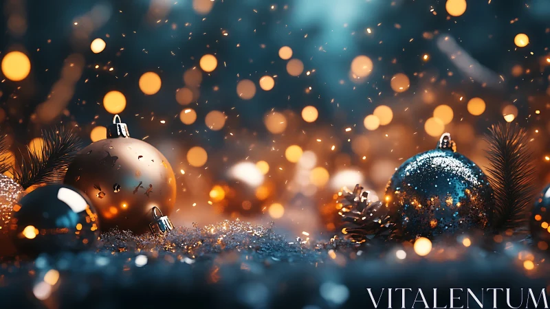 Macro bokeh of glittered Christmas baubles in warm blue light