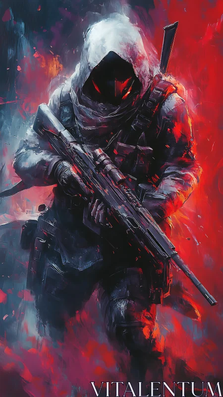 Tactical hooded marksman in chromatic thermal turbulence.