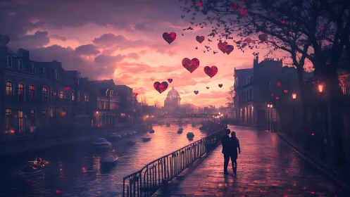 Romantic Venice Canal at Sunset with Floating Heart Shapes