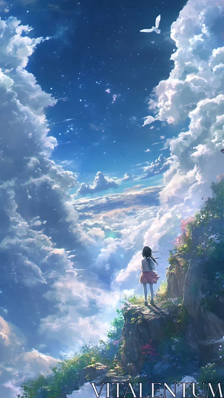 Girl observing celestial sky from cliff amid luminous clouds