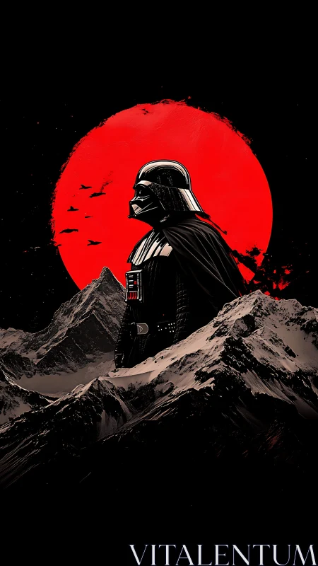 Armored dark figure before red moon over sharp mountains.