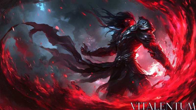 Armored dark mage channeling red infernal vortex energy