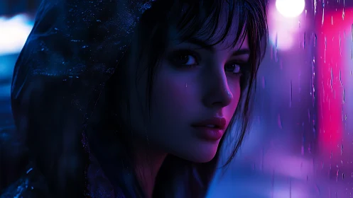 Neon rain softly frames a reflective girl in the night city