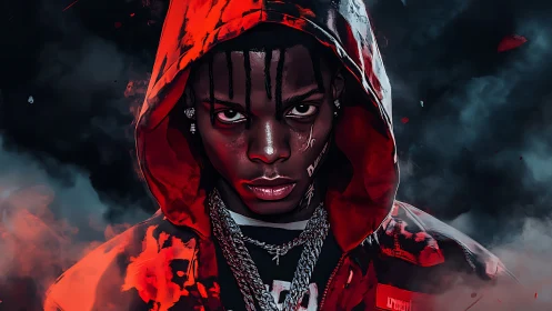 Intense hooded figure in red jacket with dark smoky backdrop.