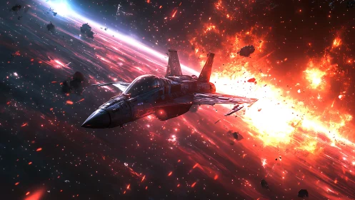 Sleek starfighter cuts through a blazing cosmic battlefield