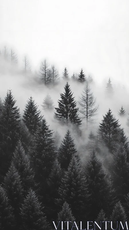 Mist-shrouded pine forest forms stark monochrome silhouette.