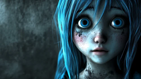 Blue haired doll eyed girl portrait under cold light.