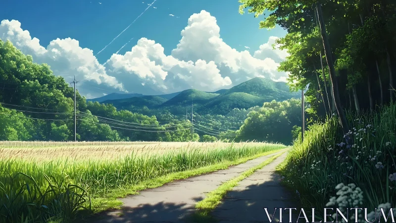Country road and wheat fields under bright summer sky.