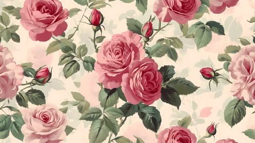 Botanical surface pattern of layered pink heritage roses.