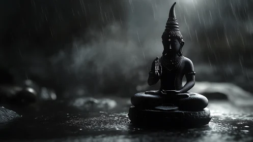Quiet black Buddha statue resting in gentle silver rain.
