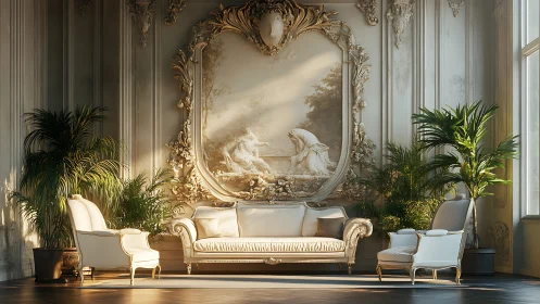 Neoclassical salon interior balances gilded relief and soft light