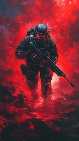 Armored soldier advances through dense red explosive haze