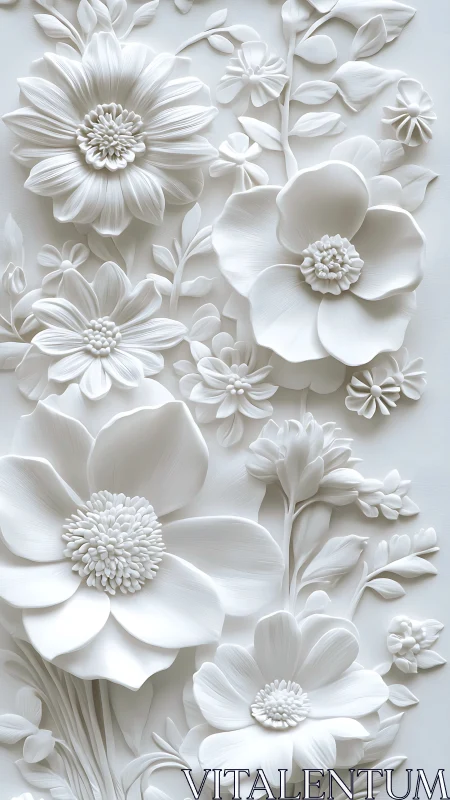Monochromatic Floral Relief. White Dimensional Botanical.